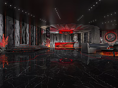 Luxurious Modern Clubhouse Interior Design With Marble Floor Red Accents Sofas And Lighting 3d model