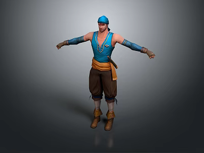Man Wearing Blue Headscarf Blue Vest Yellow Sash Brown Pants Brown Boots With Arms Outstretched 3d model