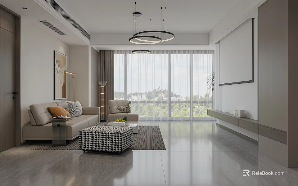 Modern Living And Dining Room Interior With Sofa Coffee Table And Floor To Ceiling Windows 3d model 