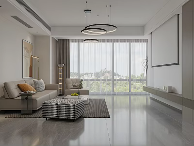 Modern Living And Dining Room Interior With Sofa Coffee Table And Floor To Ceiling Windows 3d model