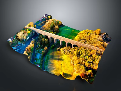 Artistic Decorative Landscape With Arch Bridge Green Meadow Yellow Trees Water And Buildings 3d model