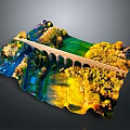 Artistic Decorative Landscape With Arch Bridge Green Meadow Yellow Trees Water And Buildings