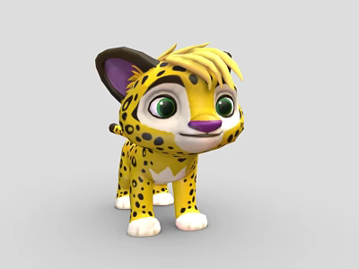 Cute Cartoon Cheetah Cub With Yellow Fur Black Spots And Big Green Eyes 3d model