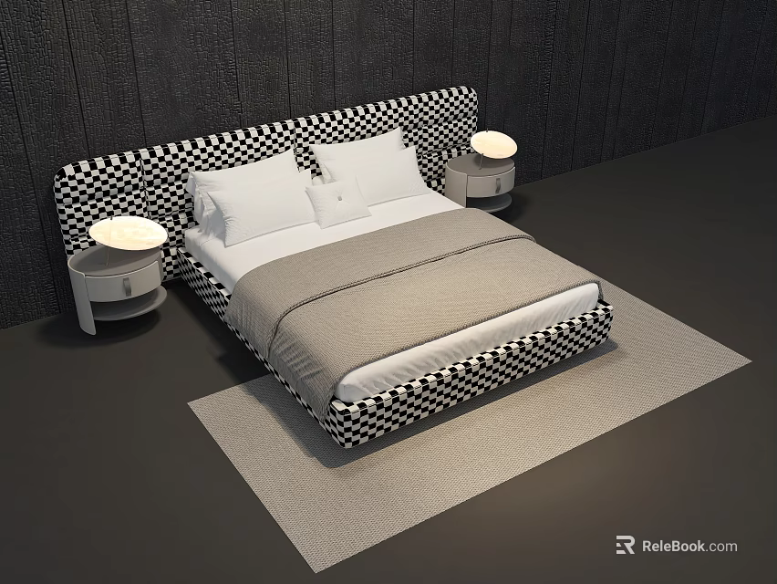 Double Bed With Black White Checkered Headboard Footboard White Pillows Gray Blanket Nightstands Table Lamps 3d model 