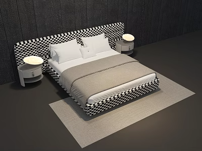 Double Bed With Black White Checkered Headboard Footboard White Pillows Gray Blanket Nightstands Table Lamps 3d model