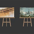 Wooden Easels Displaying Landscape And Seascape Paintings With Bridge Scene And Sailing Ships