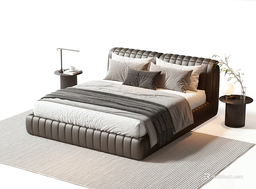 Modern Leather Tufted Double Bed With Pillows Blanket Bedside Tables And Lamp 3d model 