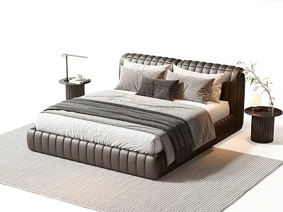 Modern Leather Tufted Double Bed With Pillows Blanket Bedside Tables And Lamp 3d model
