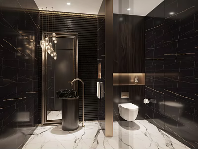 Luxury Dark Tone Bathroom With Marble Finishes And Elegant High End Modern Interior Design 3d model