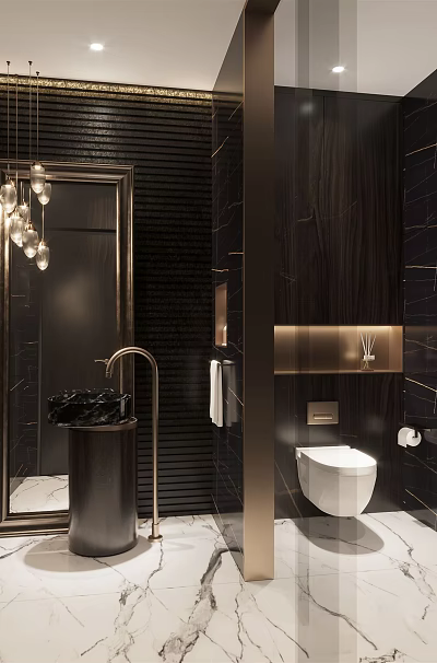 Luxury Dark Tone Bathroom With Marble Finishes And Elegant High End Modern Interior Design 3d model