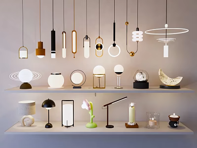 Diverse Modern Lighting Combinations Featuring Hanging Pendant Lamps And Table Lamps On Shelves 3d model