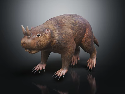 Brown Fur Horned Prehistoric Creature 3D Model With Sharp Claws Standing Pose 3d model