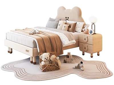 Cozy Kids Bed with Bear Shaped Headboard Plush Pillows Wooden Nightstand Toys and Wavy Rug 3d model