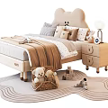 Cozy Kids Bed with Bear Shaped Headboard Plush Pillows Wooden Nightstand Toys and Wavy Rug