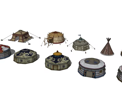 Various Traditional Tents With Decorative Patterns And Cultural Design Structures 3d model