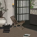 Rattan Woven Leisure Chair On Porch With Small Table Floor Lamp And Glass Door