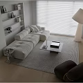 Modern White Sectional Sofa Set With Glass Coffee Table Floor Lamp And Window Blinds