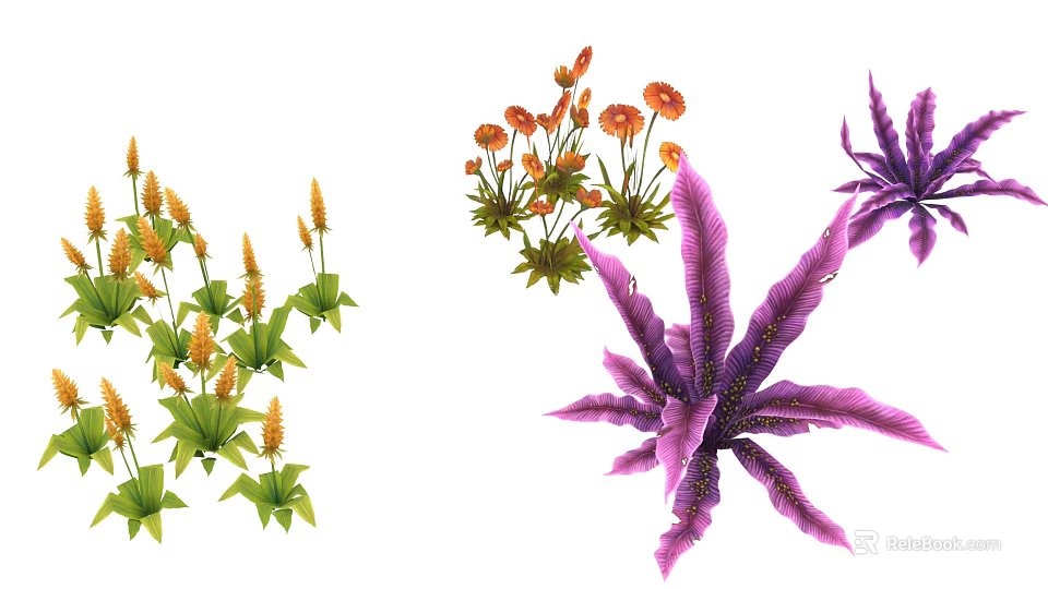 Cartoon Scene Featuring Colorful Plants with Yellow Orange Flowers and Purple Ferns Green Leaves 3d model 