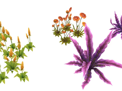 Cartoon Scene Featuring Colorful Plants with Yellow Orange Flowers and Purple Ferns Green Leaves 3d model