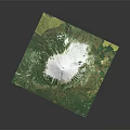 3D Terrain Model Featuring White Volcanic Cone Surrounded by Green Vegetation and Farmland