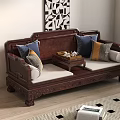 Traditional Chinese Wooden Luohan Bed With Carved Details And Plush Cushions In Living Room