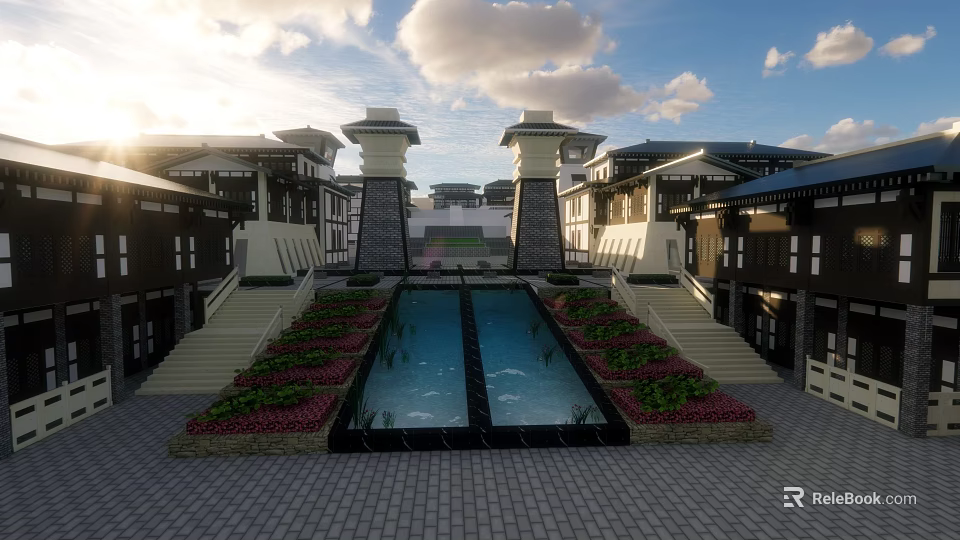 Symmetrical Building Courtyard With Central Pool Stone Steps And Flower Beds Under Sunset Sky 3d model 