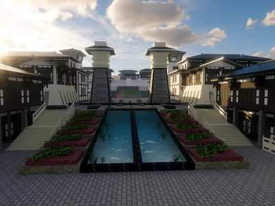 Symmetrical Building Courtyard With Central Pool Stone Steps And Flower Beds Under Sunset Sky 3d model
