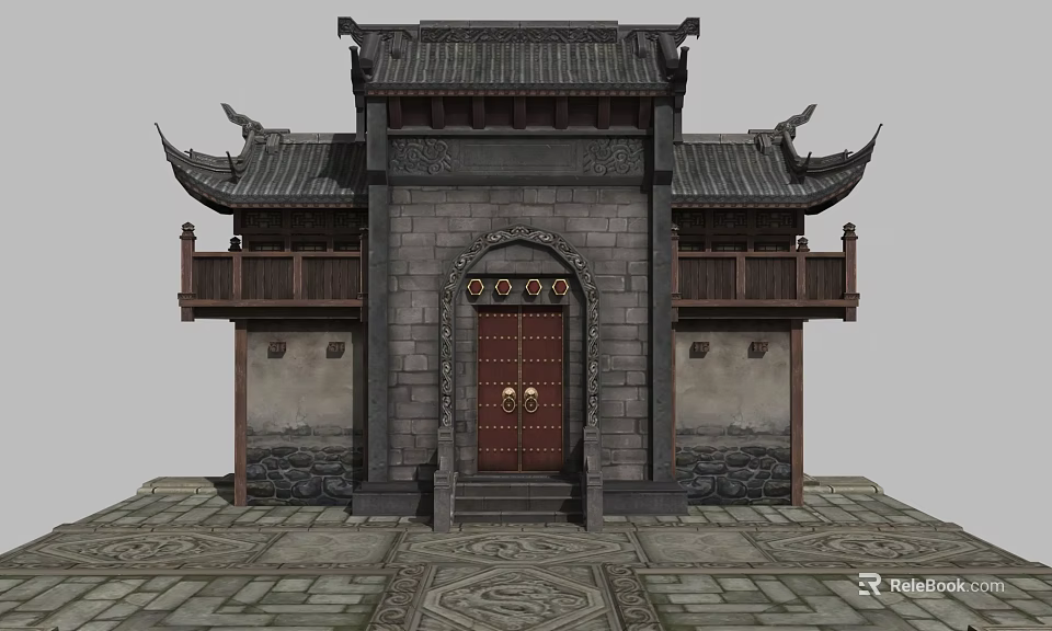 Cartoon Scene of Traditional Chinese Building With Curved Eaves Red Wooden Doors And Stone Walls 3d model 