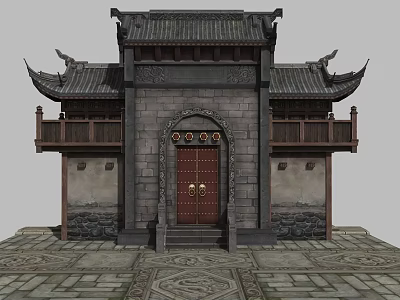 Cartoon Scene of Traditional Chinese Building With Curved Eaves Red Wooden Doors And Stone Walls 3d model