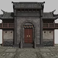 Cartoon Scene of Traditional Chinese Building With Curved Eaves Red Wooden Doors And Stone Walls