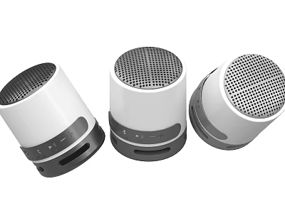 Three White Cylindrical Wireless Speakers With Mesh Grill And Control Buttons 3d model