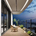 Modern Home Balcony With Wooden Floor Comfortable Chair Green Plants And City View