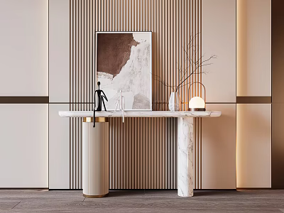 Modern Console Table On Striped Wall Panel With Marble Top Artwork Sculpture Vase And Lamp 3d model