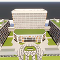 Modern Multistory Building With Central Tower Side Wings Glass Windows Front Plaza Lawn And Parking