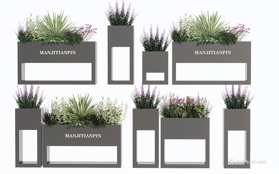 Stylish Potted Plants in Grey Pots with Green Foliage and Purple Flowers in Various Shapes 3d model 