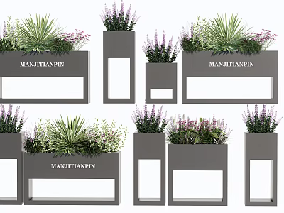 Stylish Potted Plants in Grey Pots with Green Foliage and Purple Flowers in Various Shapes 3d model