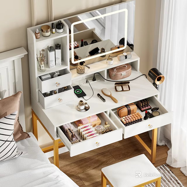 Modern White Dressing Table With Storage Drawers Mirror And Beauty Products On Wooden Legs 3d model 