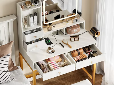 Modern White Dressing Table With Storage Drawers Mirror And Beauty Products On Wooden Legs 3d model