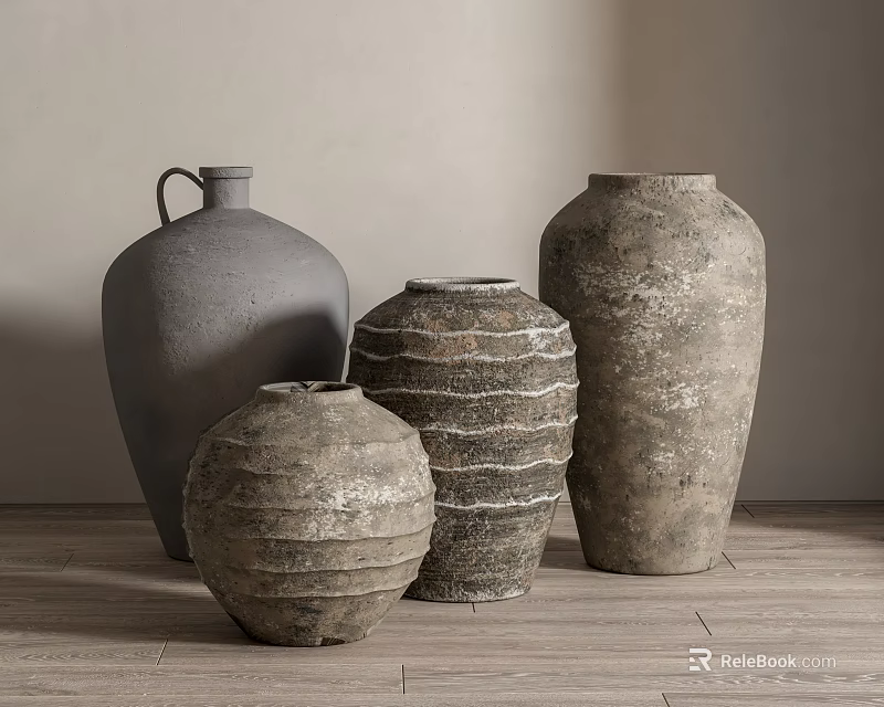 Handcrafted Ceramic Vessels In Various Shapes With Textured Surfaces On Wooden Floor And Neutral Wall 3d model 