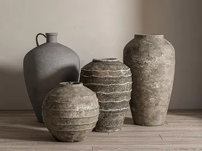 Handcrafted Ceramic Vessels In Various Shapes With Textured Surfaces On Wooden Floor And Neutral Wall 3d model