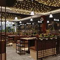 Modern Chinese Restaurant Interior With Wooden Partitions Netted Lights And Booth Seating