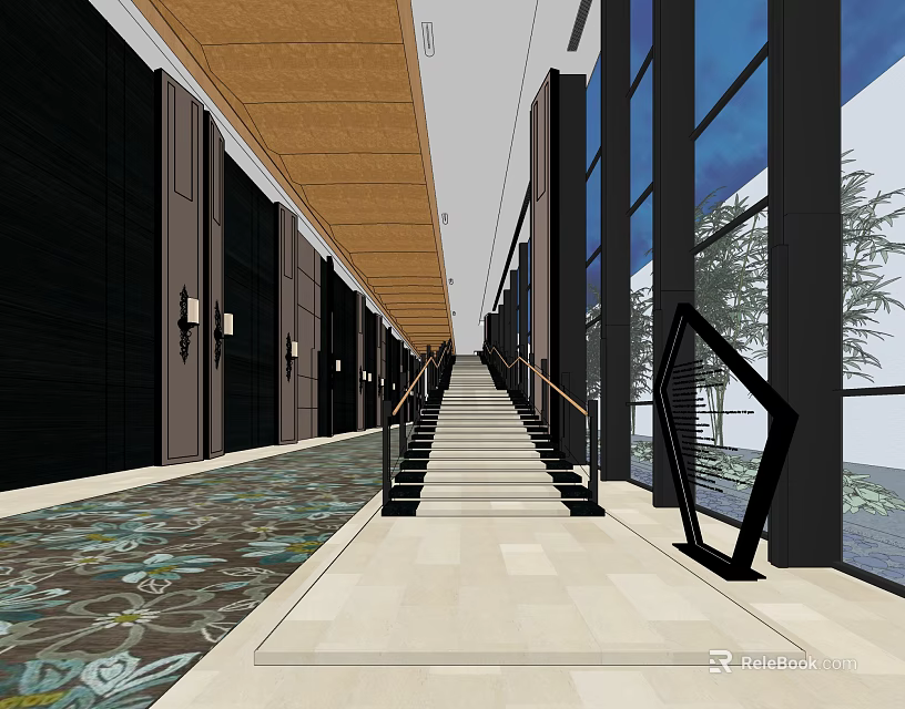 Modern Storefront Reception Area With Wooden Ceiling Glass Walls And Stylish Counter Design 3d model 