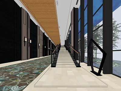 Modern Storefront Reception Area With Wooden Ceiling Glass Walls And Stylish Counter Design 3d model