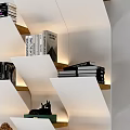 White Bookshelf with Layered Design and Built-in Lighting holding Books and Decorations