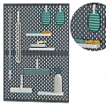 Organized Bathroom Accessories Storage With Grid Panel Green White Cleaning Tools And Holder 3d model