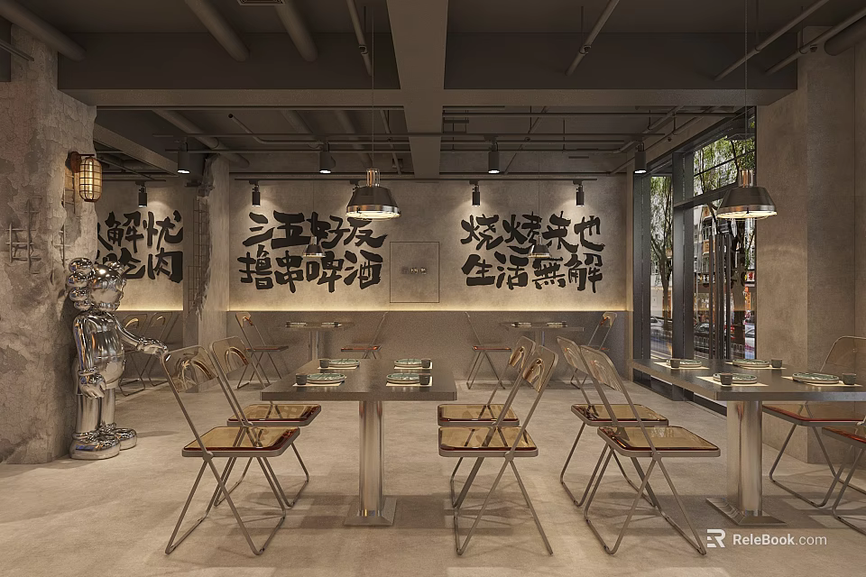 Cozy Rustic Chinese Hotpot Restaurant Interior With Tables Chairs Pendant Lights And Decorative Statue 3d model 