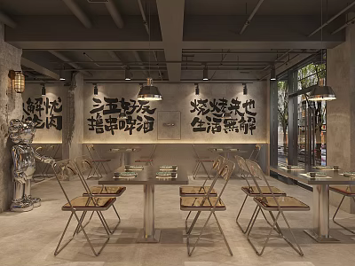 Cozy Rustic Chinese Hotpot Restaurant Interior With Tables Chairs Pendant Lights And Decorative Statue 3d model