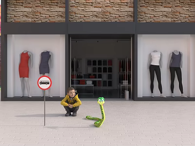 Green Snake Near Little Boy Outside Clothing Store With Mannequins And No Parking Sign 3d model