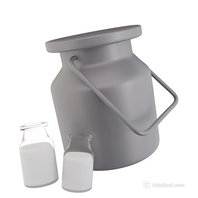 Refreshing Fresh Milk Beverage In Gray Canister And Small Glass Bottles 3d model 