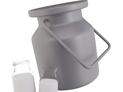 Refreshing Fresh Milk Beverage In Gray Canister And Small Glass Bottles 3d model